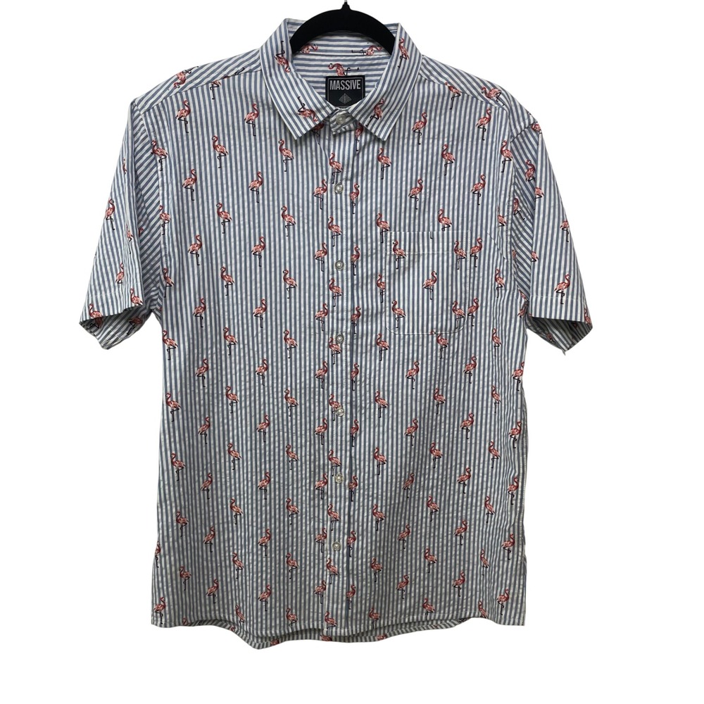 Massive Men Blue White Striped Shirt Pink Flamingo Cotton Camp Cruise Vacation M